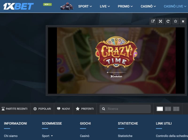 Registrazione al casinò 1xbet per giocare a Crazy Time