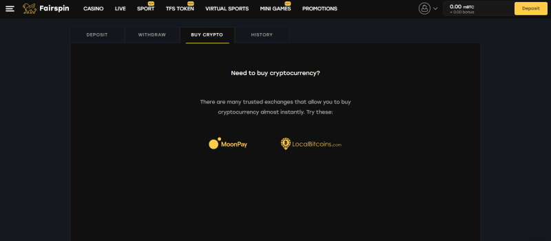 Making deposits at Fairspin crypto casino